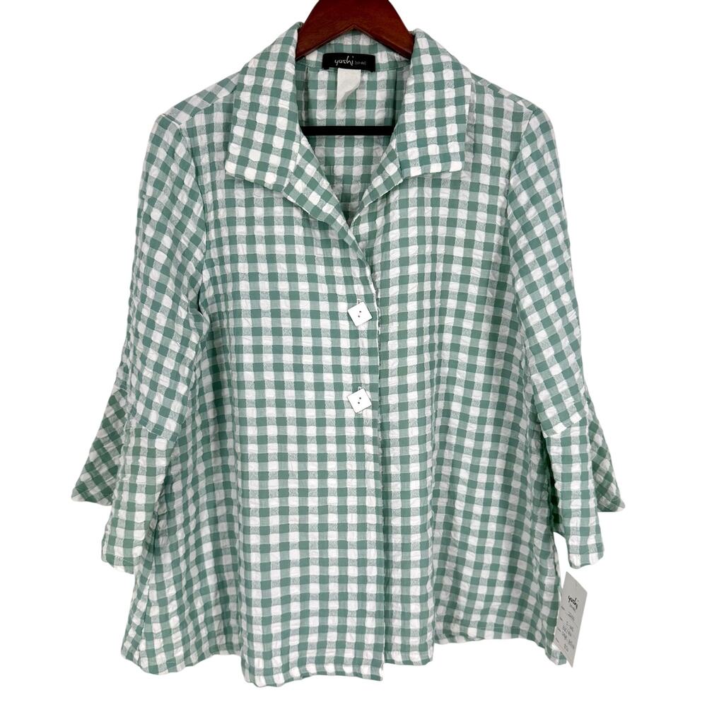 NEW NWT Yushi M Sage Seafoam Green Wearable Art Blouse Shirt Top Tropical Beach